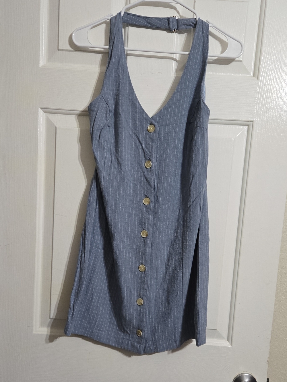 Sleeveless Dusty Blue Pinstripe Linen/Rayon Button-Front Mini Dress